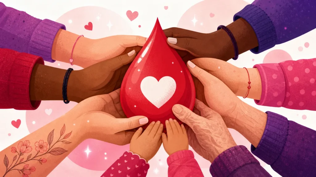 Illustrazione: tante mani unite che sorreggono una goccia di sangue con un cuore